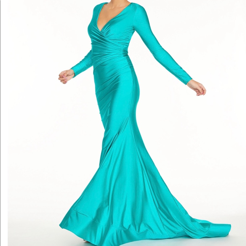 Glamour by Terani Satin Stretch Open-Back Gown